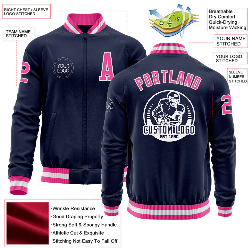 Custom Navy Pink-White Bomber Varsity Letterman Zipper Jacket view 4