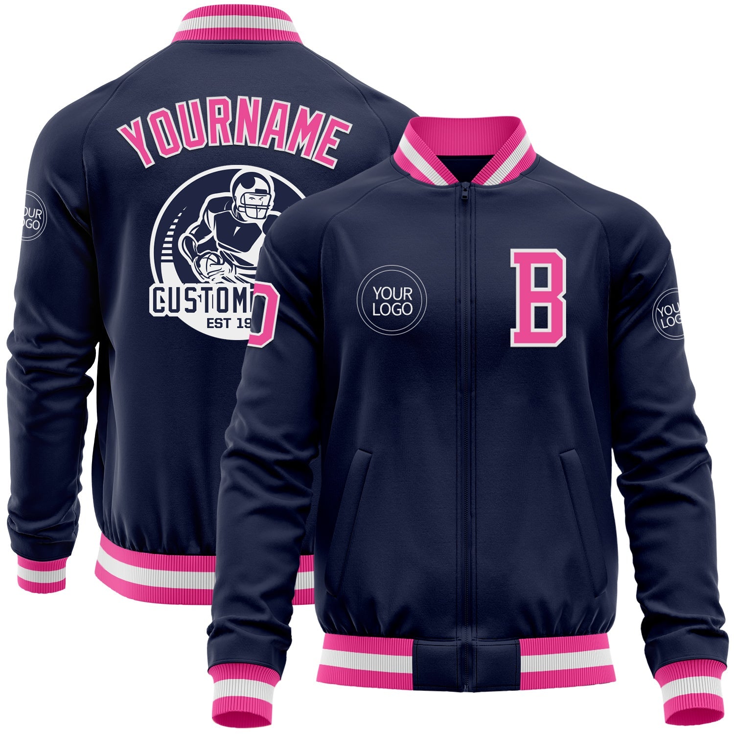 Custom Navy Pink-White Bomber Varsity Letterman Zipper Jacket - Main View