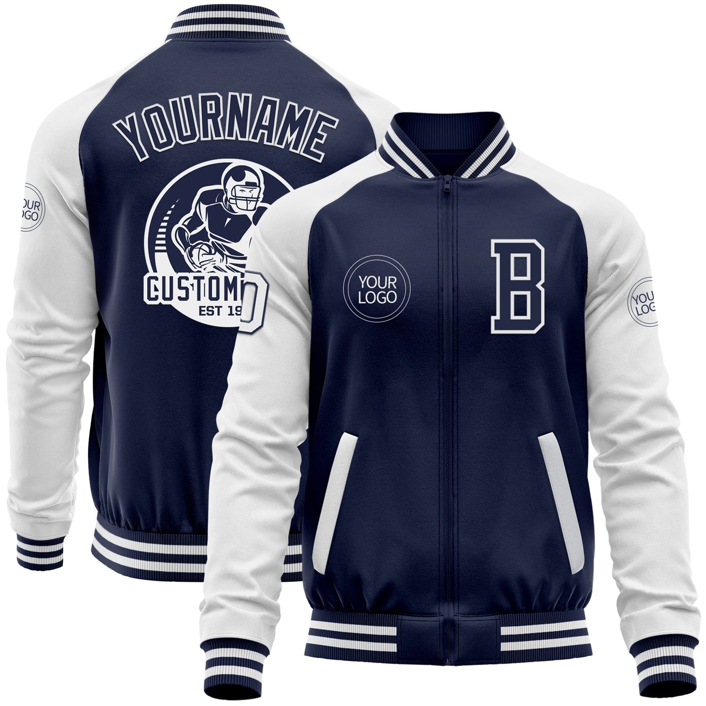 Custom Navy White Bomber Varsity Letterman Two Tone Zipper Jacket - Main View