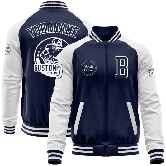 Custom Navy White Bomber Varsity Letterman Two Tone Zipper Jacket - Main View