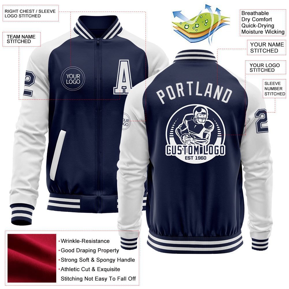 Custom Navy White Bomber Varsity Letterman Two Tone Zipper Jacket view 4