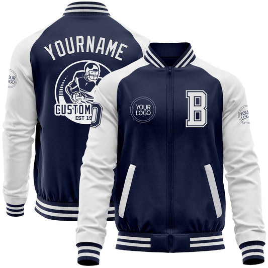 Custom Navy White Bomber Varsity Letterman Two Tone Zipper Jacket - Main View