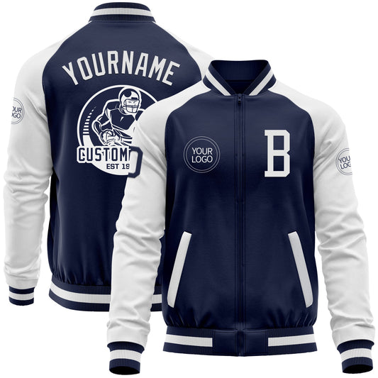 Custom Navy White Bomber Varsity Letterman Two Tone Zipper Jacket - Main View