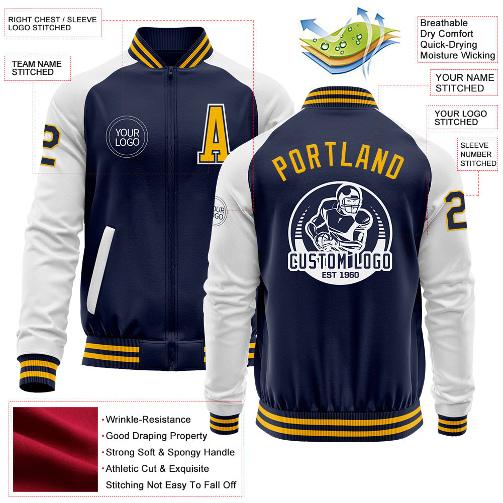 Custom Navy Gold-White Bomber Varsity Letterman Two Tone Zipper Jacket view 4