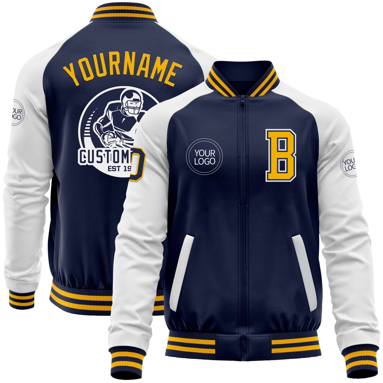Custom Navy Gold-White Bomber Varsity Letterman Two Tone Zipper Jacket - Main View