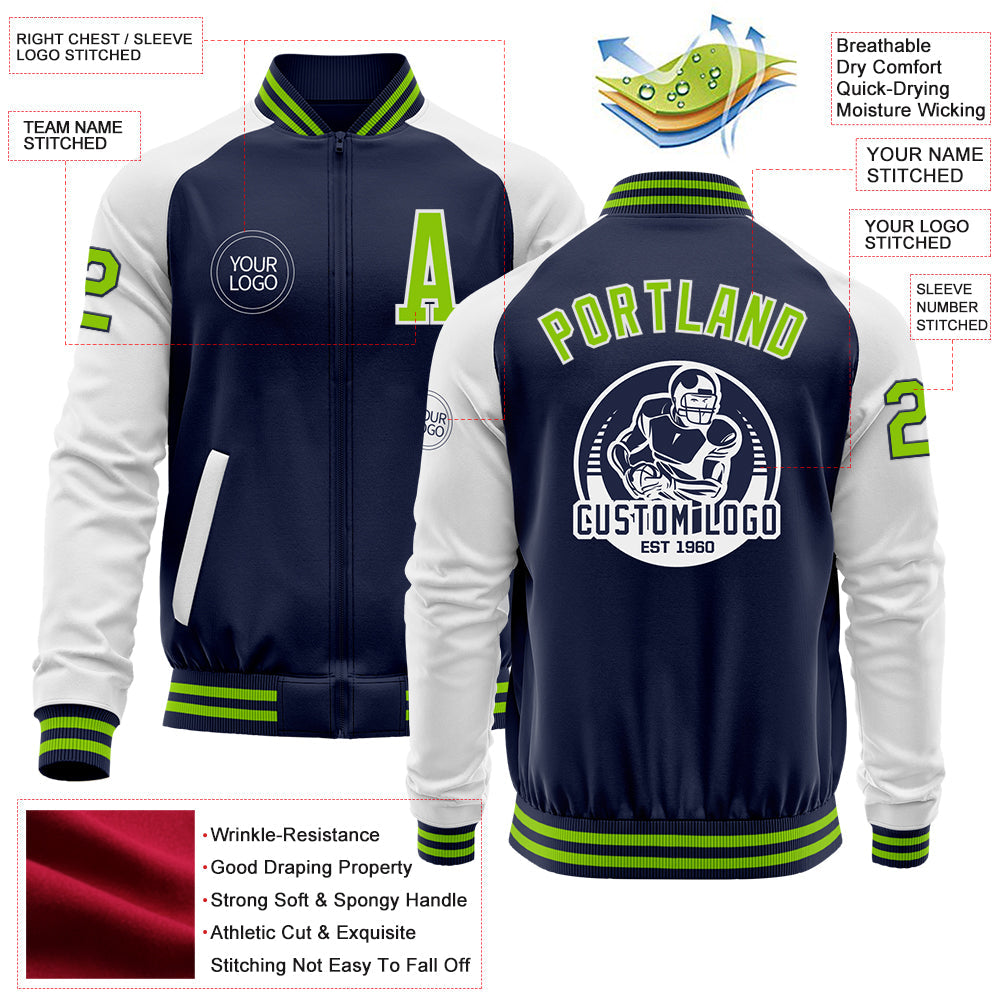 Custom Navy Neon Green-White Bomber Varsity Letterman Two Tone Zipper Jacket view 4