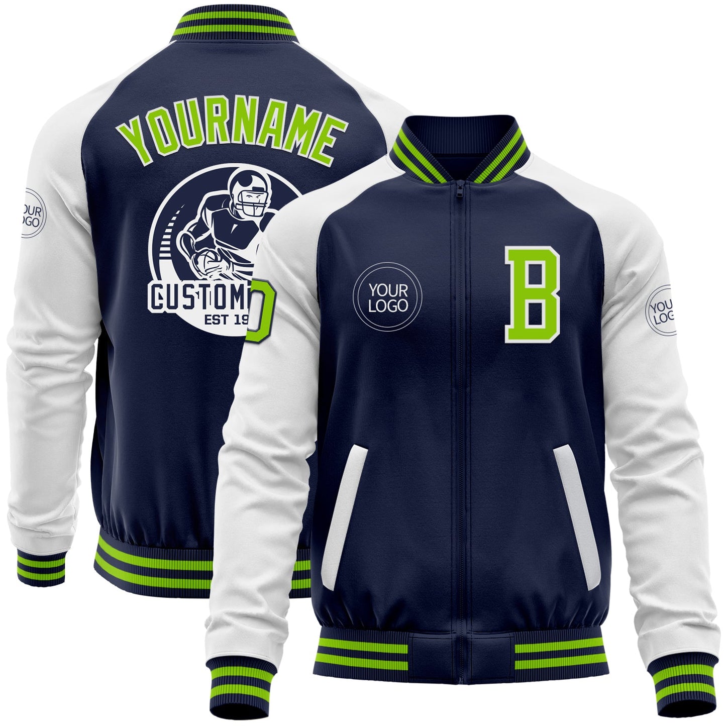 Custom Navy Neon Green-White Bomber Varsity Letterman Two Tone Zipper Jacket - Main View