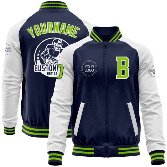Custom Navy Neon Green-White Bomber Varsity Letterman Two Tone Zipper Jacket - Main View