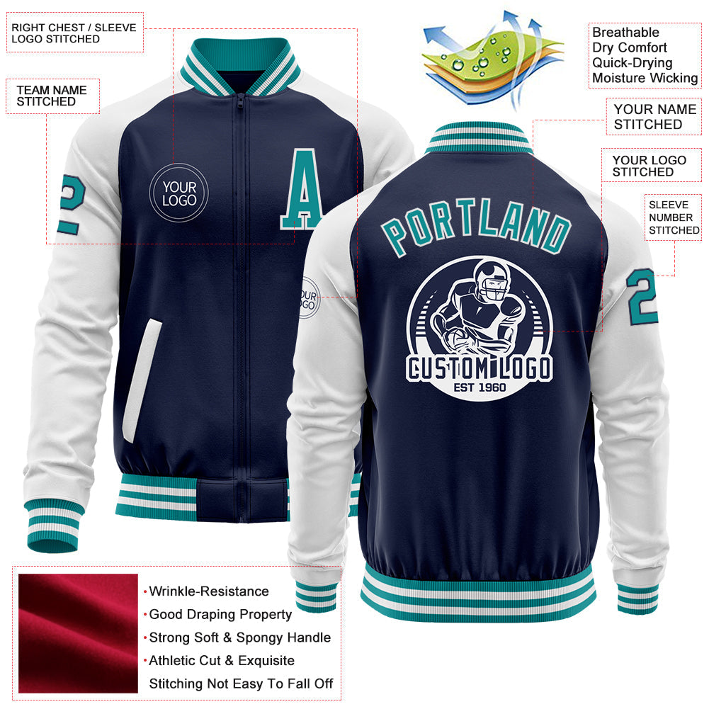 Custom Navy Teal-White Bomber Varsity Letterman Two Tone Zipper Jacket view 4