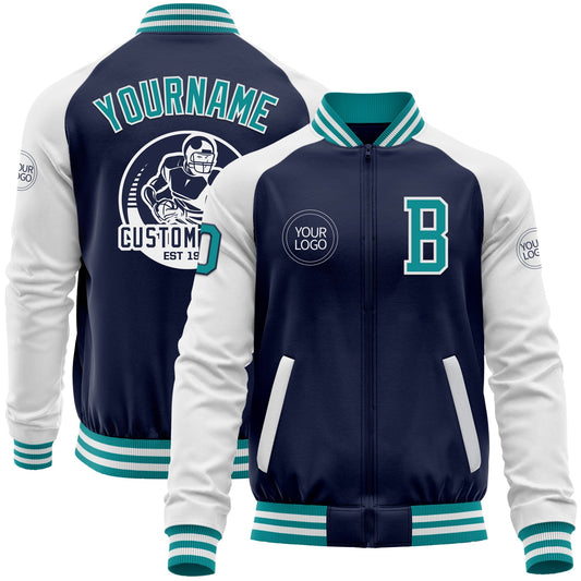 Custom Navy Teal-White Bomber Varsity Letterman Two Tone Zipper Jacket - Main View