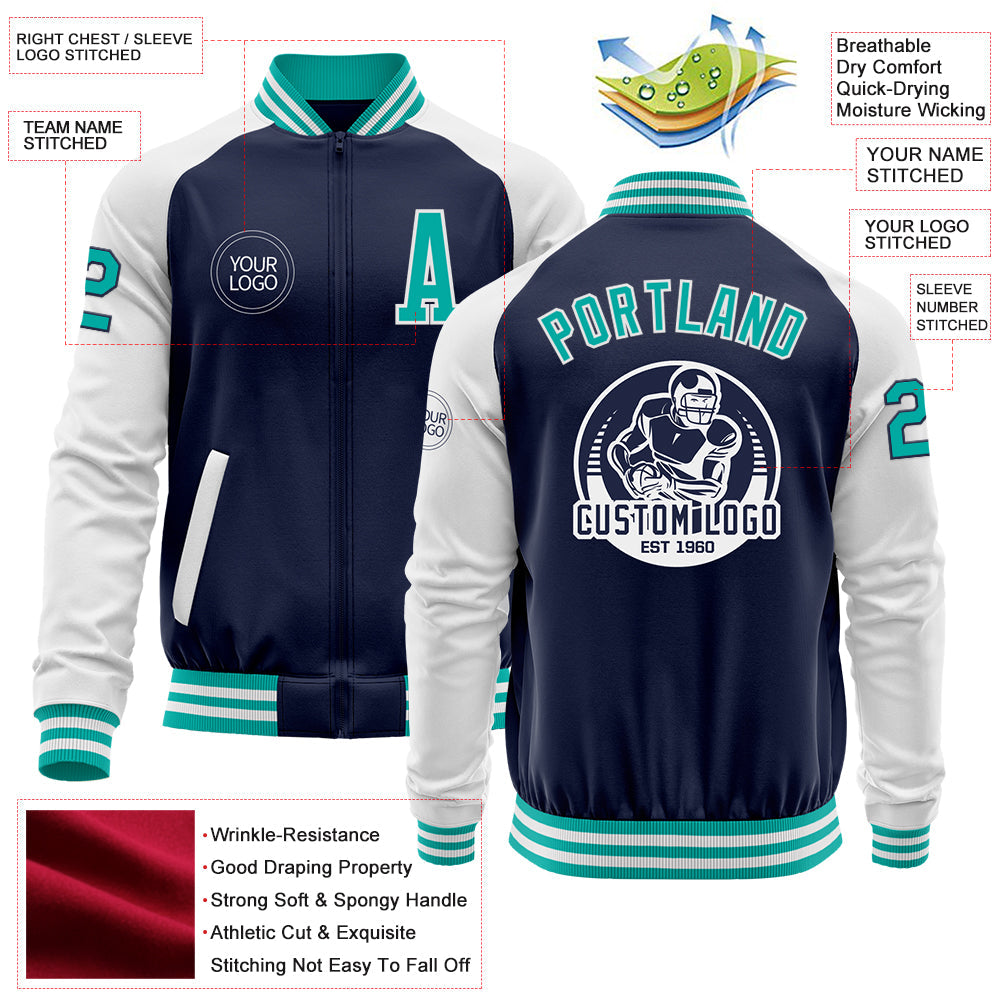 Custom Navy Aqua-White Bomber Varsity Letterman Two Tone Zipper Jacket view 4