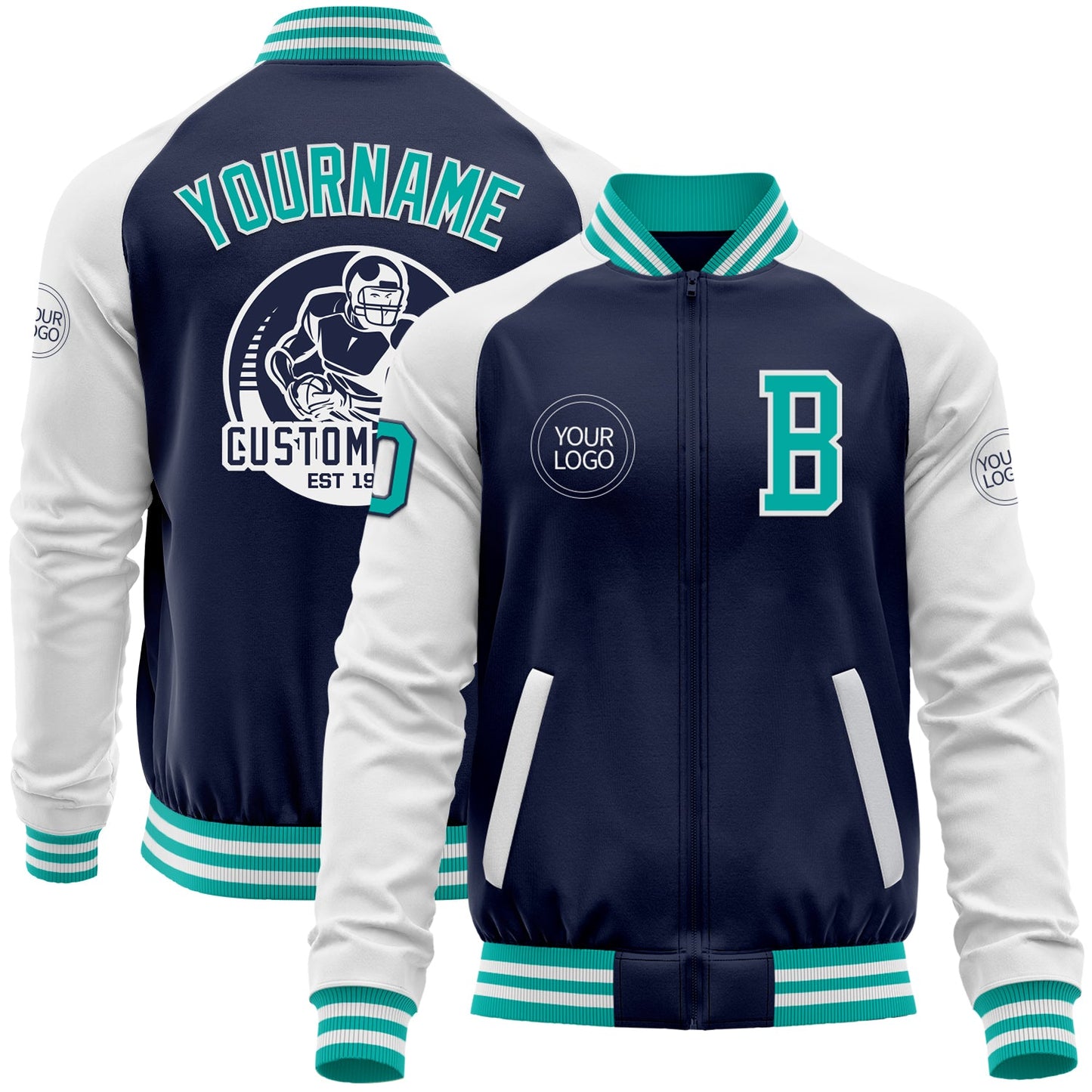 Custom Navy Aqua-White Bomber Varsity Letterman Two Tone Zipper Jacket - Main View