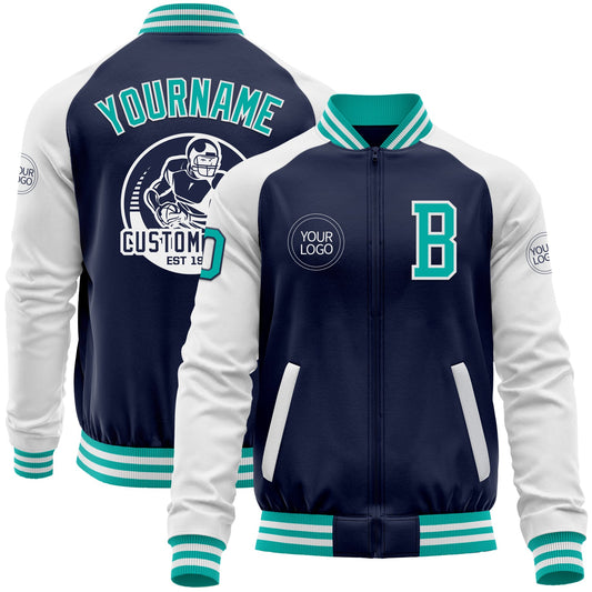 Custom Navy Aqua-White Bomber Varsity Letterman Two Tone Zipper Jacket - Main View