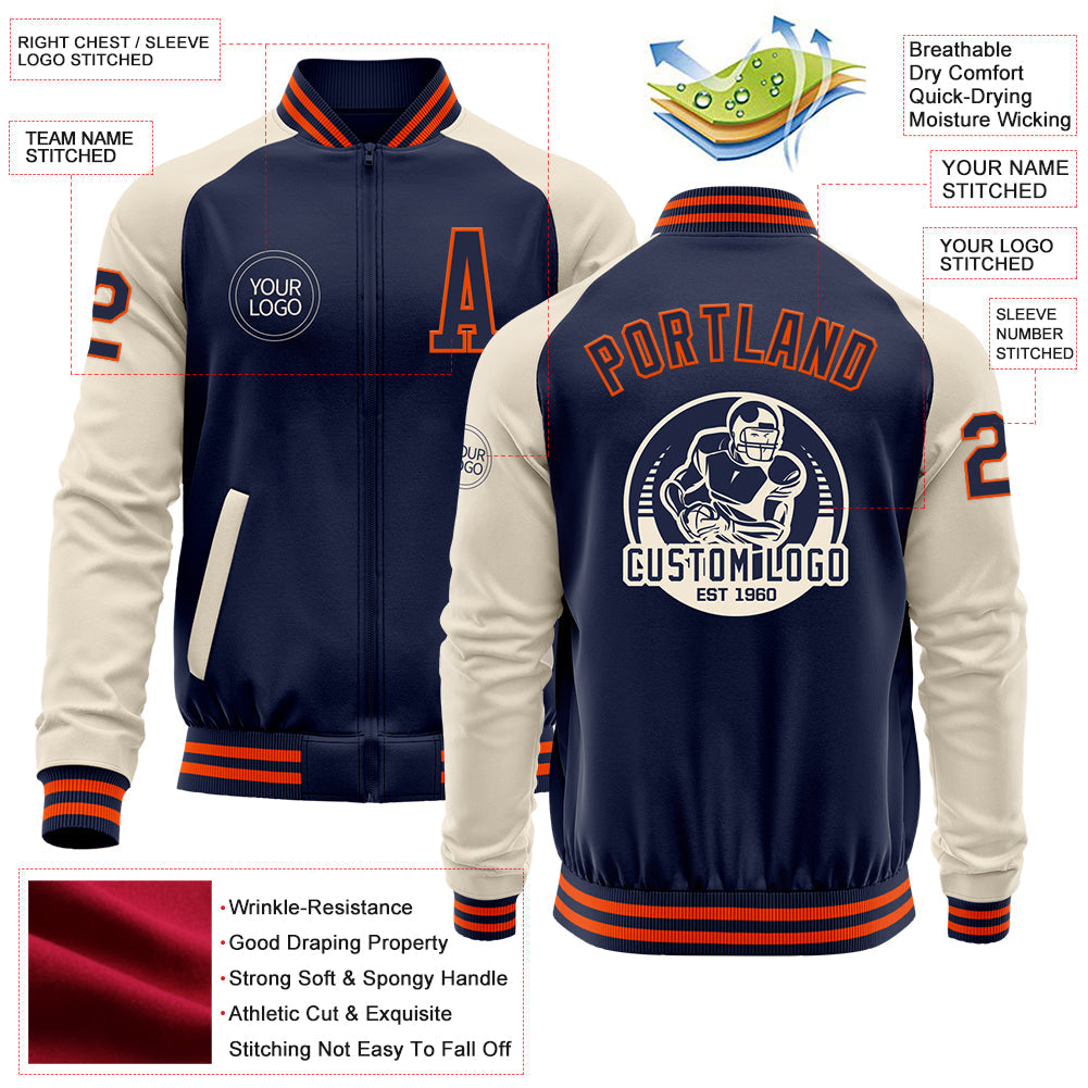 Custom Navy Orange-Cream Bomber Varsity Letterman Two Tone Zipper Jacket view 4