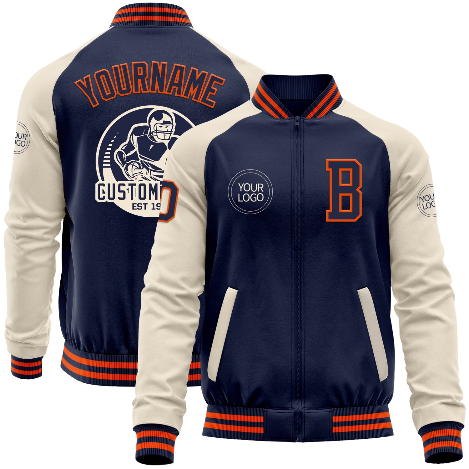 Custom Navy Orange-Cream Bomber Varsity Letterman Two Tone Zipper Jacket - Main View