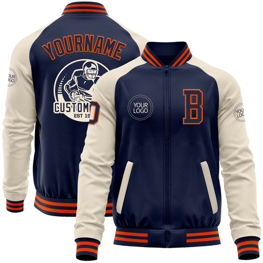 Custom Navy Orange-Cream Bomber Varsity Letterman Two Tone Zipper Jacket - Main View