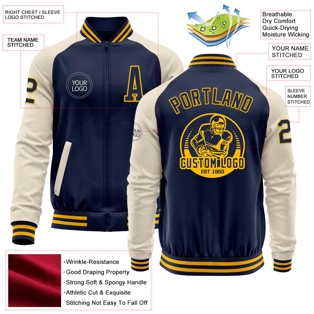 Custom Navy Gold-Cream Bomber Varsity Letterman Two Tone Zipper Jacket view 4
