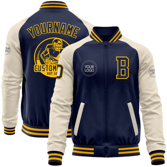 Custom Navy Gold-Cream Bomber Varsity Letterman Two Tone Zipper Jacket - Main View