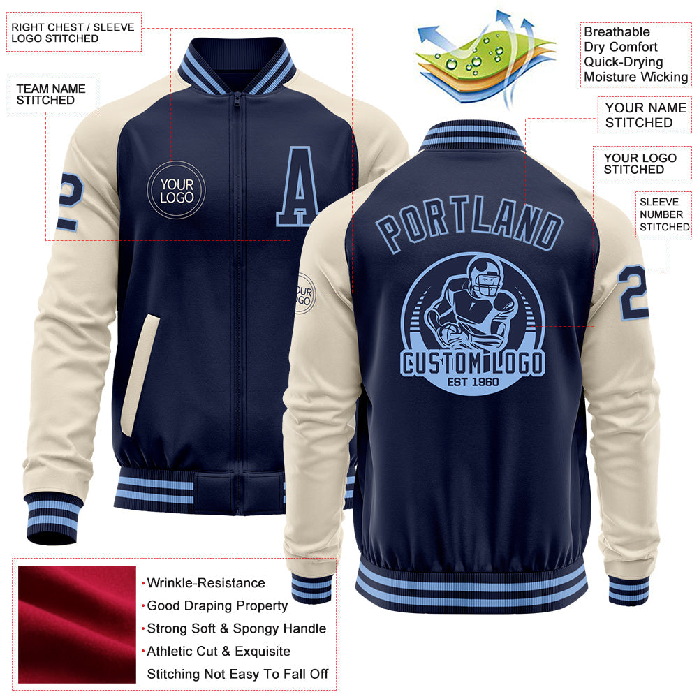 Custom Navy Light Blue-Cream Bomber Varsity Letterman Two Tone Zipper Jacket view 4