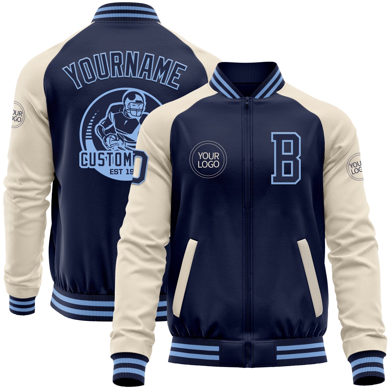 Custom Navy Light Blue-Cream Bomber Varsity Letterman Two Tone Zipper Jacket - Main View