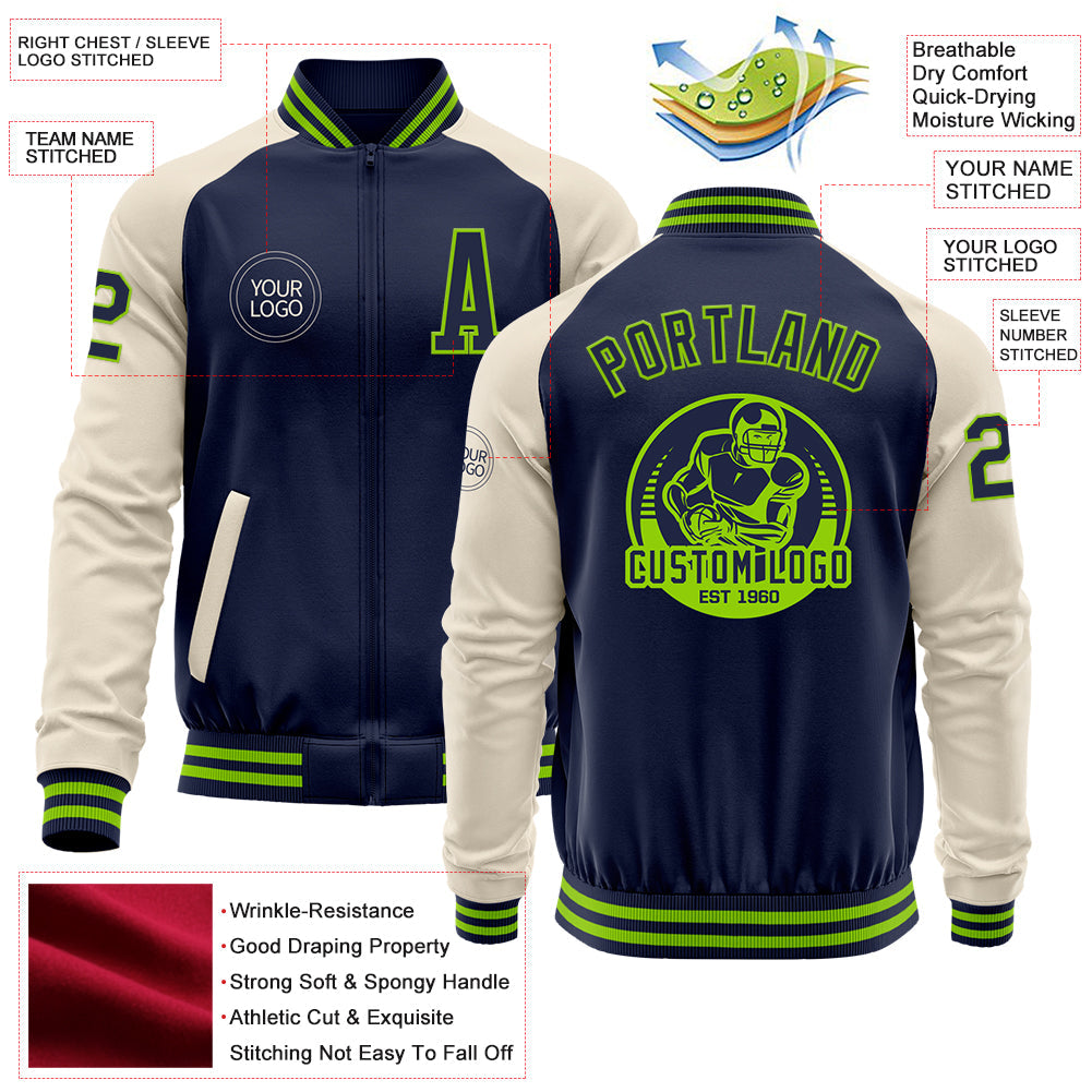 Custom Navy Neon Green-Cream Bomber Varsity Letterman Two Tone Zipper Jacket view 4