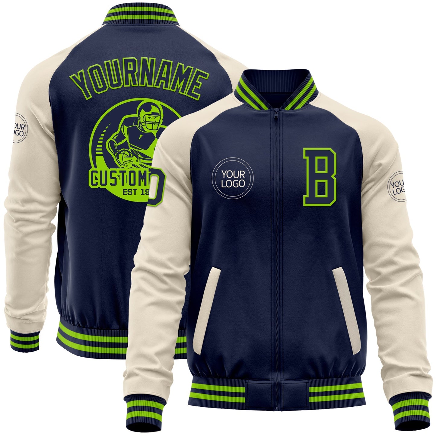Custom Navy Neon Green-Cream Bomber Varsity Letterman Two Tone Zipper Jacket - Main View