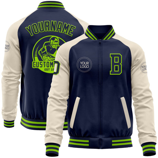 Custom Navy Neon Green-Cream Bomber Varsity Letterman Two Tone Zipper Jacket - Main View