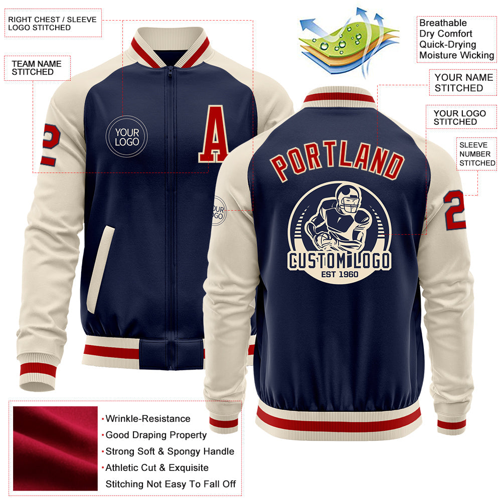 Custom Navy Red-Cream Bomber Varsity Letterman Two Tone Zipper Jacket view 4