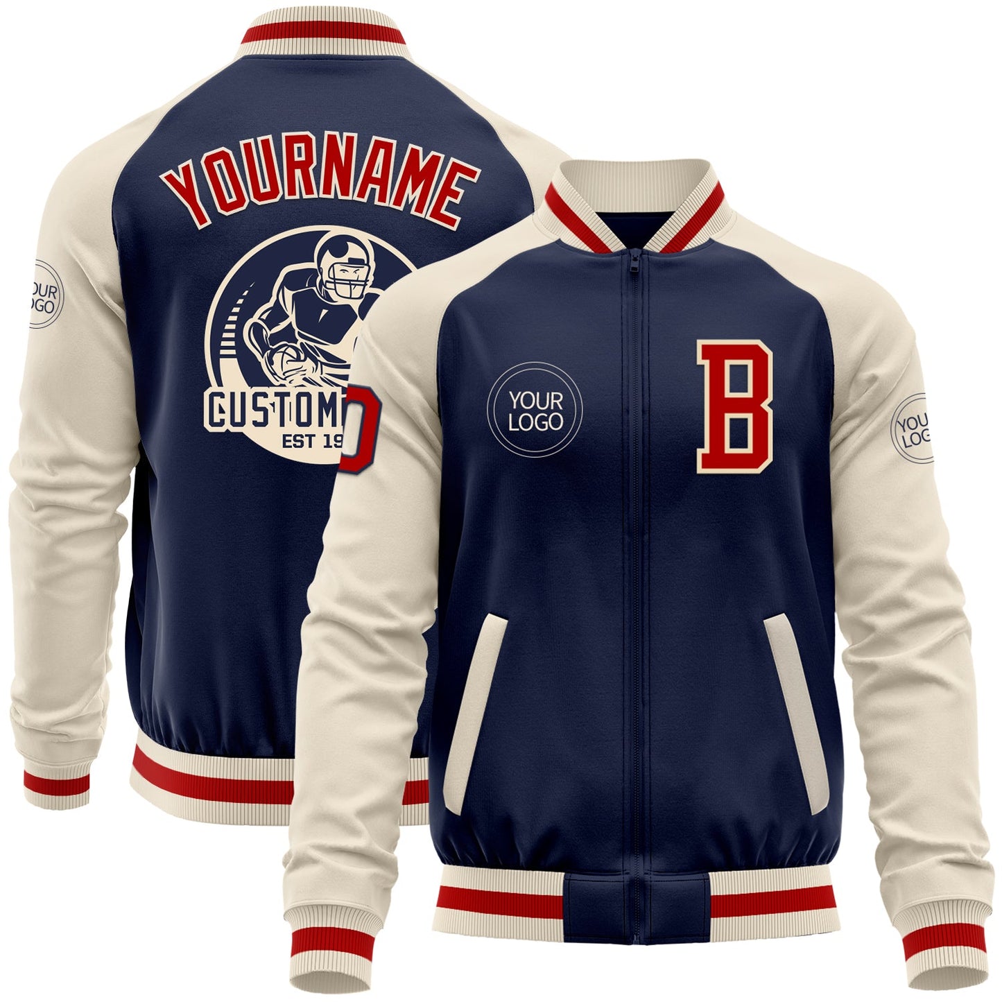 Custom Navy Red-Cream Bomber Varsity Letterman Two Tone Zipper Jacket - Main View