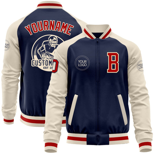 Custom Navy Red-Cream Bomber Varsity Letterman Two Tone Zipper Jacket - Main View