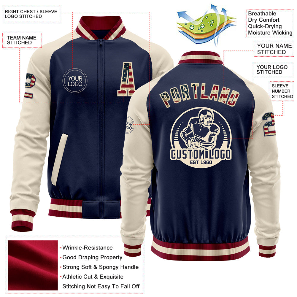 Custom Navy Vintage USA Flag Cream-Maroon Bomber Varsity Letterman Two Tone Zipper Jacket view 4