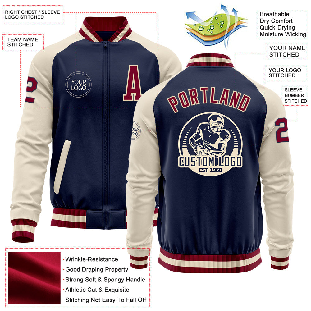 Custom Navy Maroon-Cream Bomber Varsity Letterman Two Tone Zipper Jacket view 4