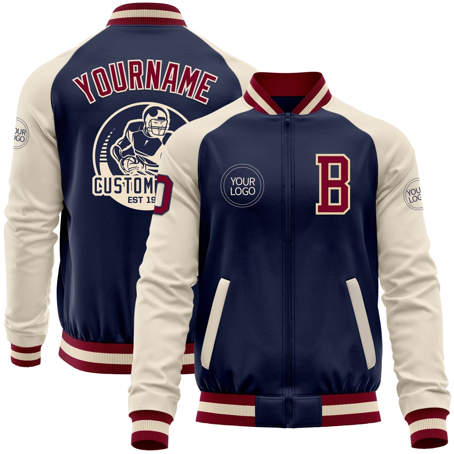 Custom Navy Maroon-Cream Bomber Varsity Letterman Two Tone Zipper Jacket - Main View