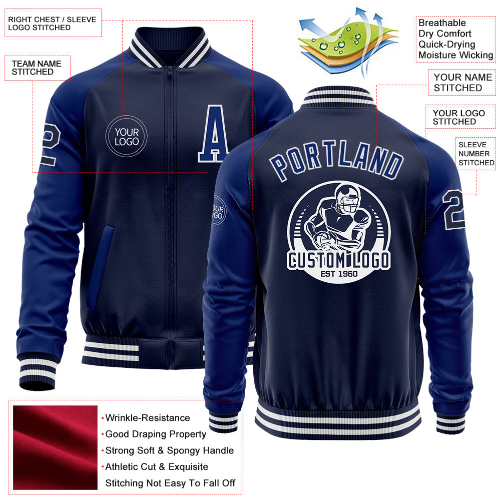 Custom Navy Royal-White Bomber Varsity Letterman Two Tone Zipper Jacket view 4