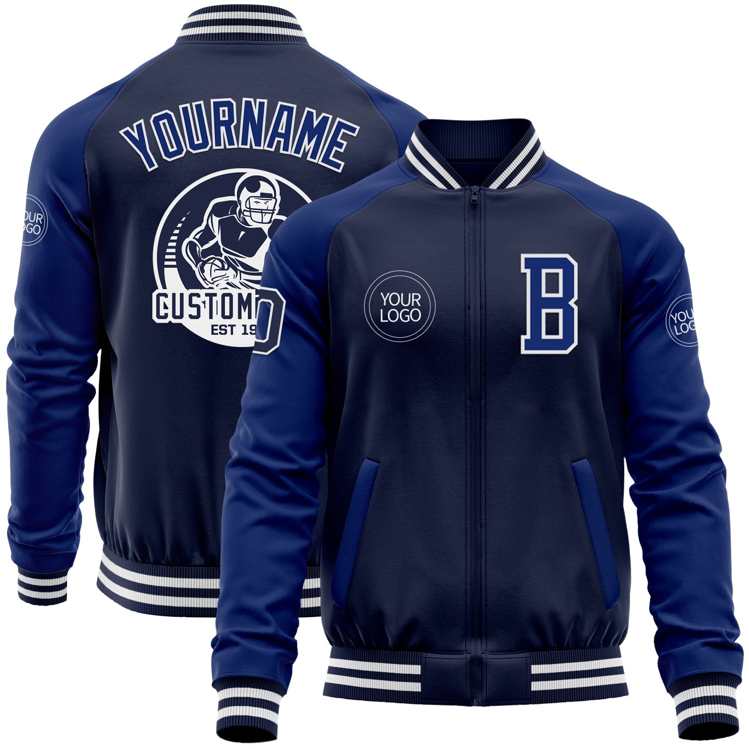 Custom Navy Royal-White Bomber Varsity Letterman Two Tone Zipper Jacket - Main View