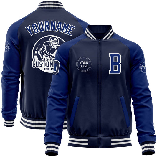Custom Navy Royal-White Bomber Varsity Letterman Two Tone Zipper Jacket - Main View