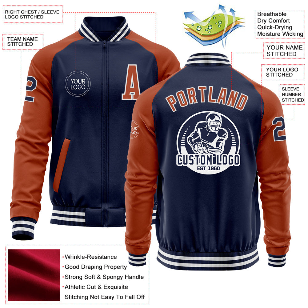 Custom Navy Texas Orange-White Bomber Varsity Letterman Two Tone Zipper Jacket view 4