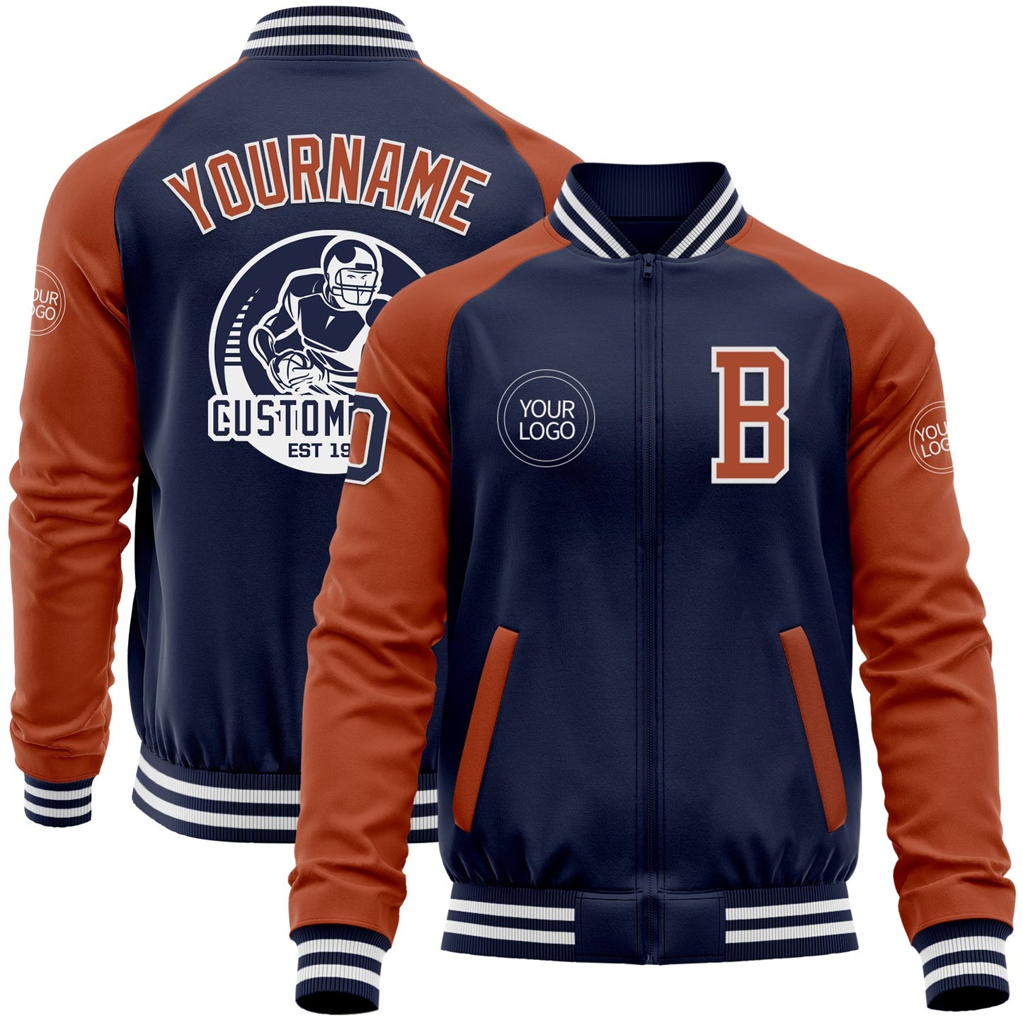 Custom Navy Texas Orange-White Bomber Varsity Letterman Two Tone Zipper Jacket - Main View