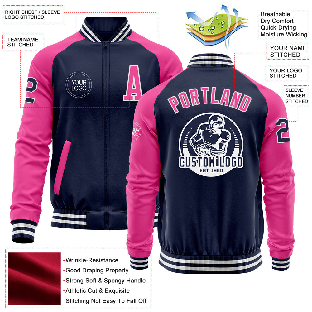 Custom Navy Pink-White Bomber Varsity Letterman Two Tone Zipper Jacket view 4