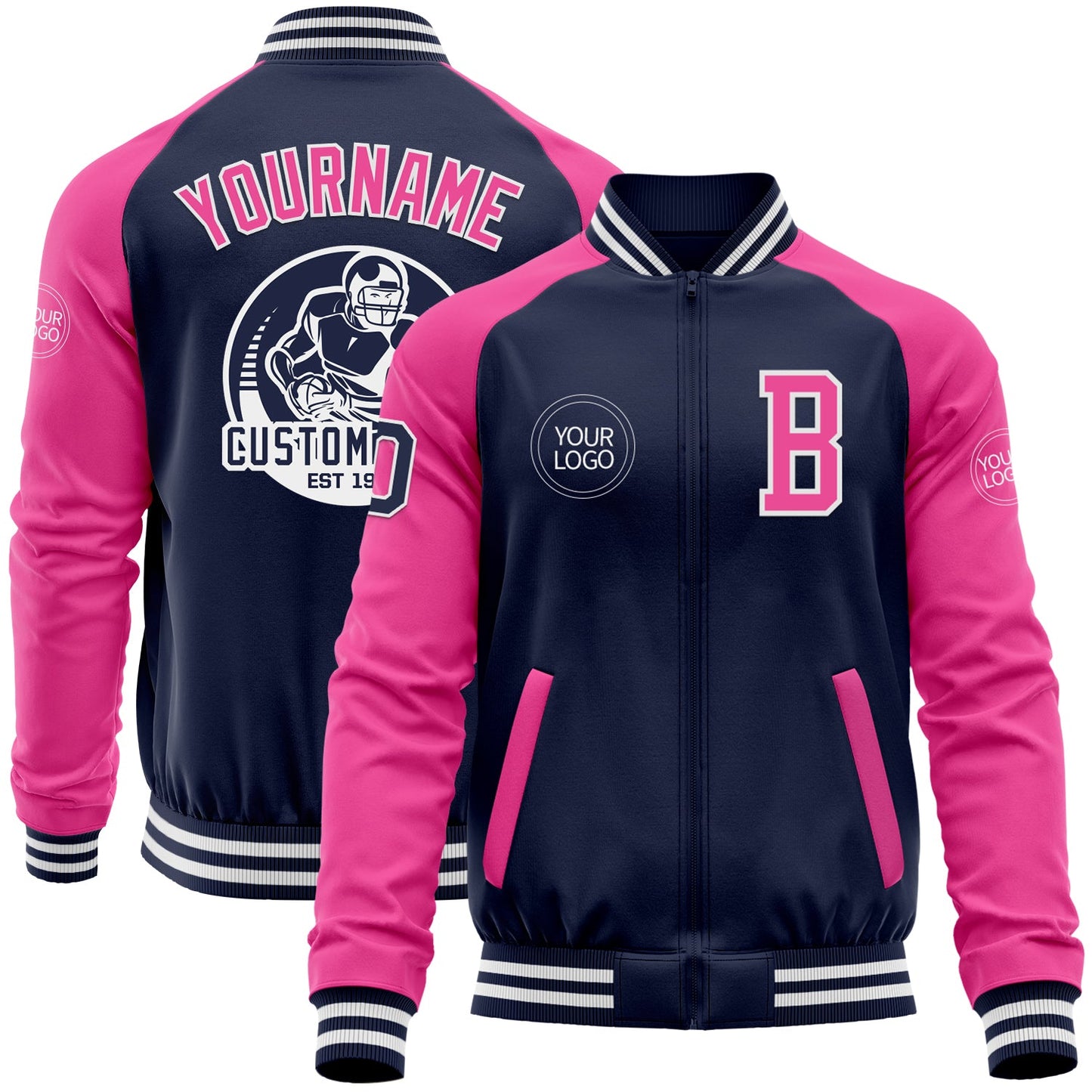 Custom Navy Pink-White Bomber Varsity Letterman Two Tone Zipper Jacket - Main View