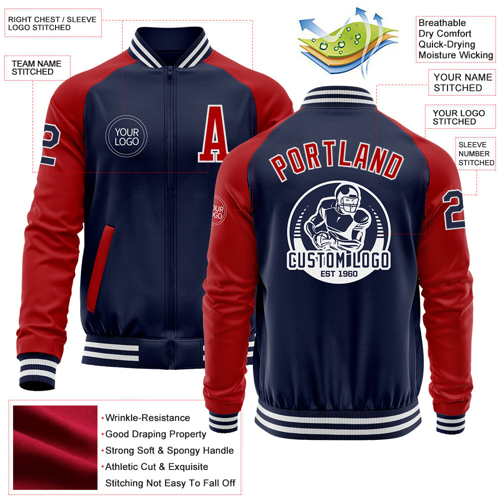Custom Navy Red-White Bomber Varsity Letterman Two Tone Zipper Jacket view 4