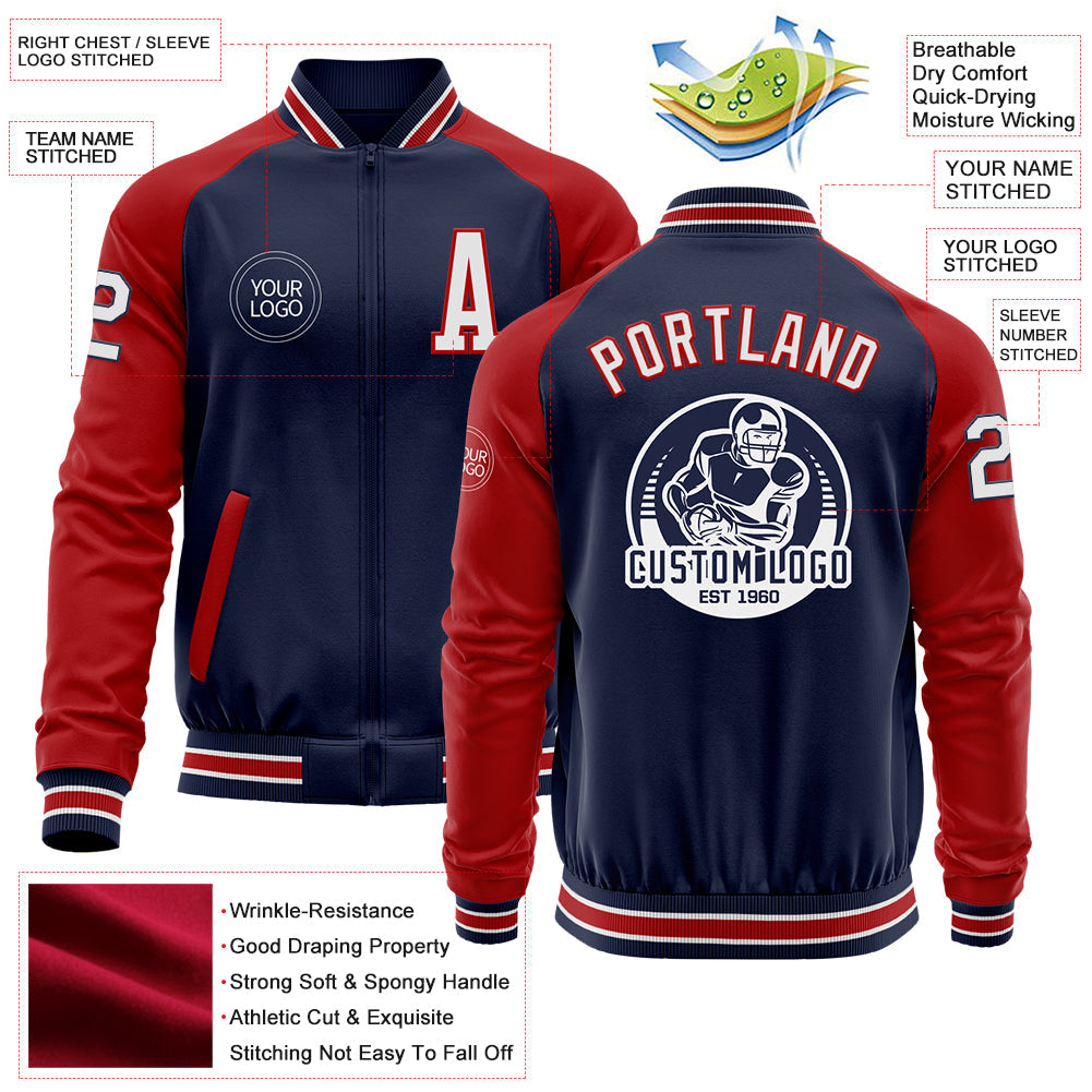 Custom Navy White-Red Bomber Varsity Letterman Two Tone Zipper Jacket view 4