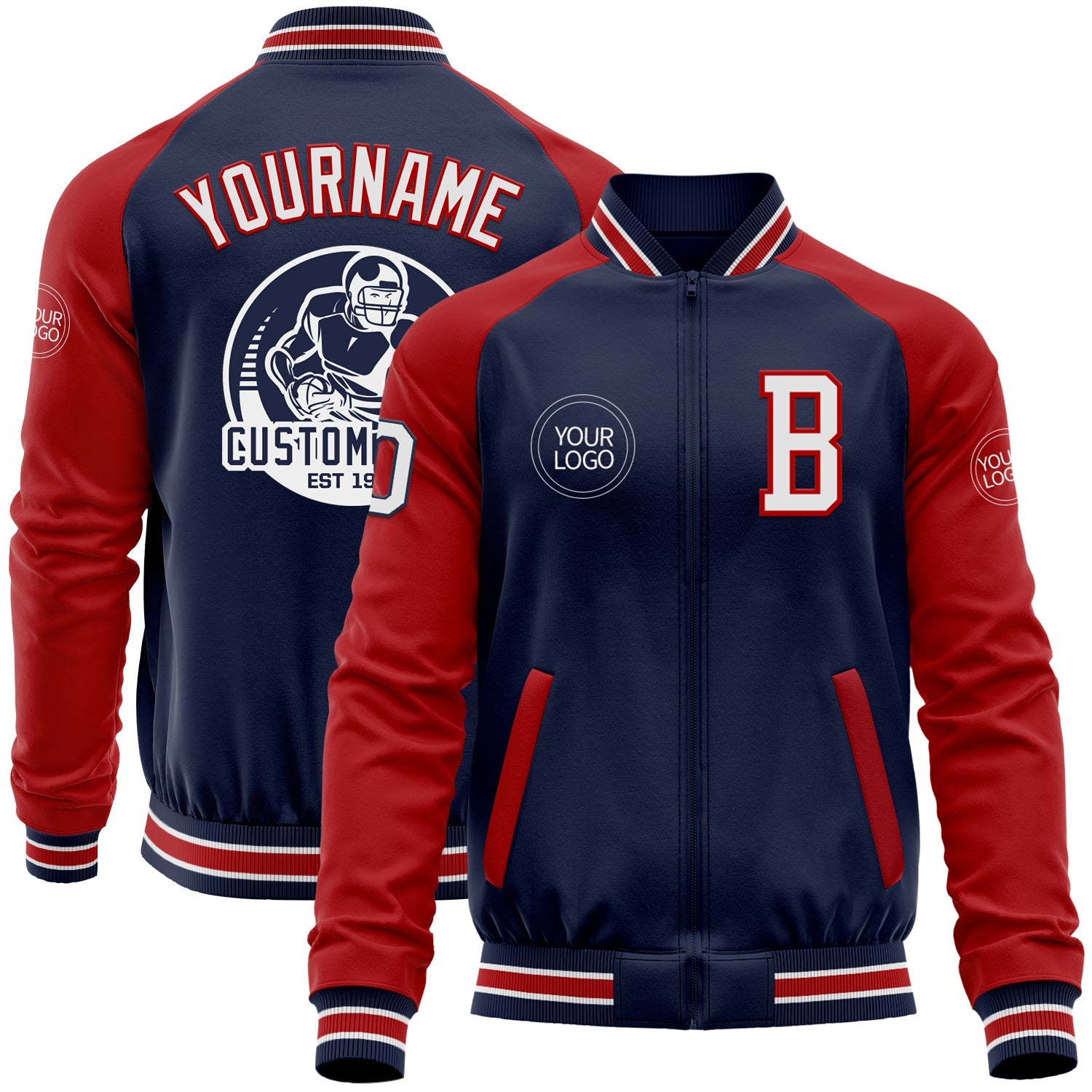 Custom Navy White-Red Bomber Varsity Letterman Two Tone Zipper Jacket - Main View