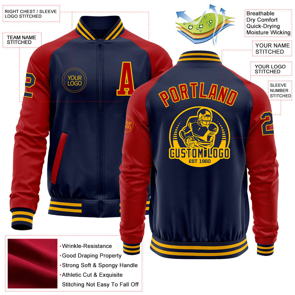 Custom Navy Red-Gold Bomber Varsity Letterman Two Tone Zipper Jacket view 4