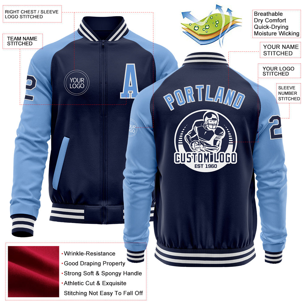 Custom Navy Light Blue-White Bomber Varsity Letterman Two Tone Zipper Jacket view 4