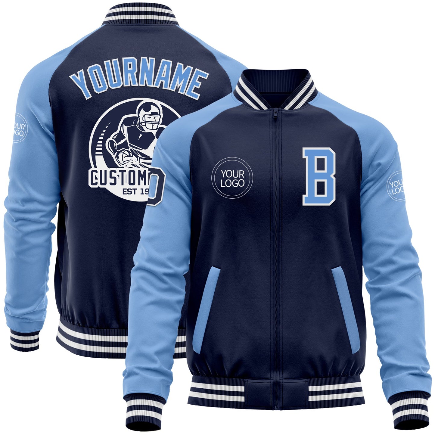 Custom Navy Light Blue-White Bomber Varsity Letterman Two Tone Zipper Jacket - Main View