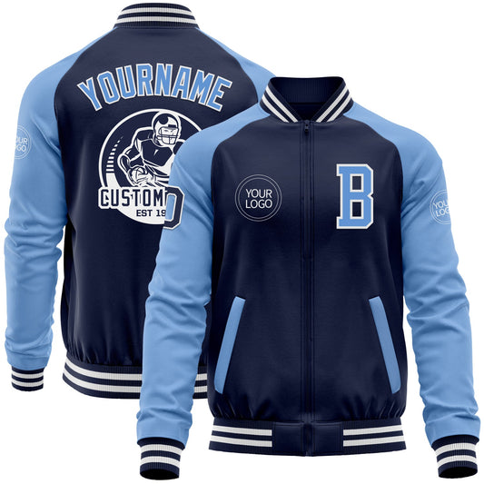 Custom Navy Light Blue-White Bomber Varsity Letterman Two Tone Zipper Jacket - Main View