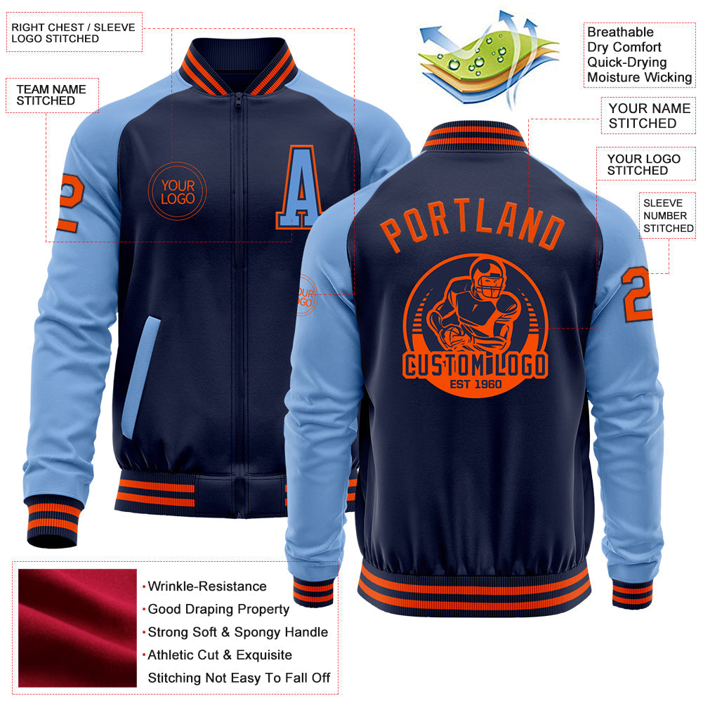 Custom Navy Orange-Light Blue Bomber Varsity Letterman Two Tone Zipper Jacket view 4
