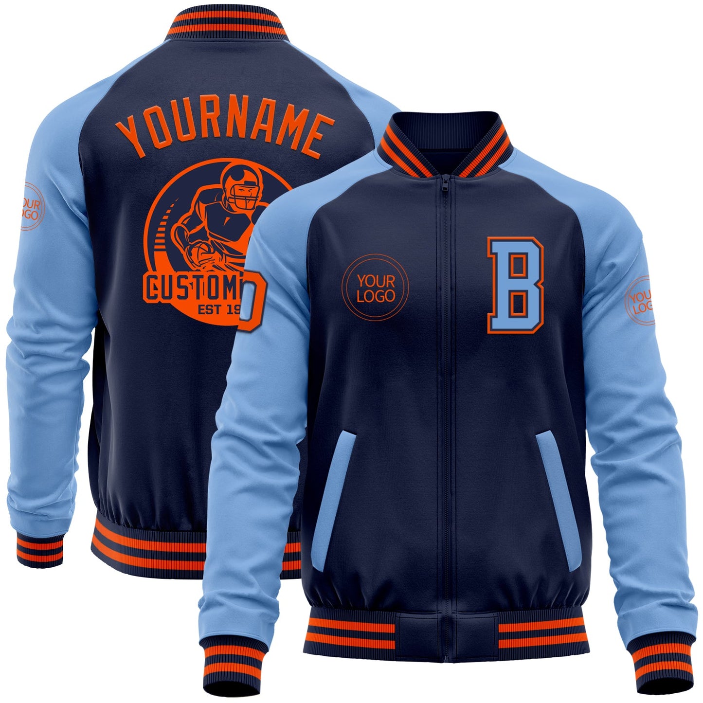 Custom Navy Orange-Light Blue Bomber Varsity Letterman Two Tone Zipper Jacket - Main View