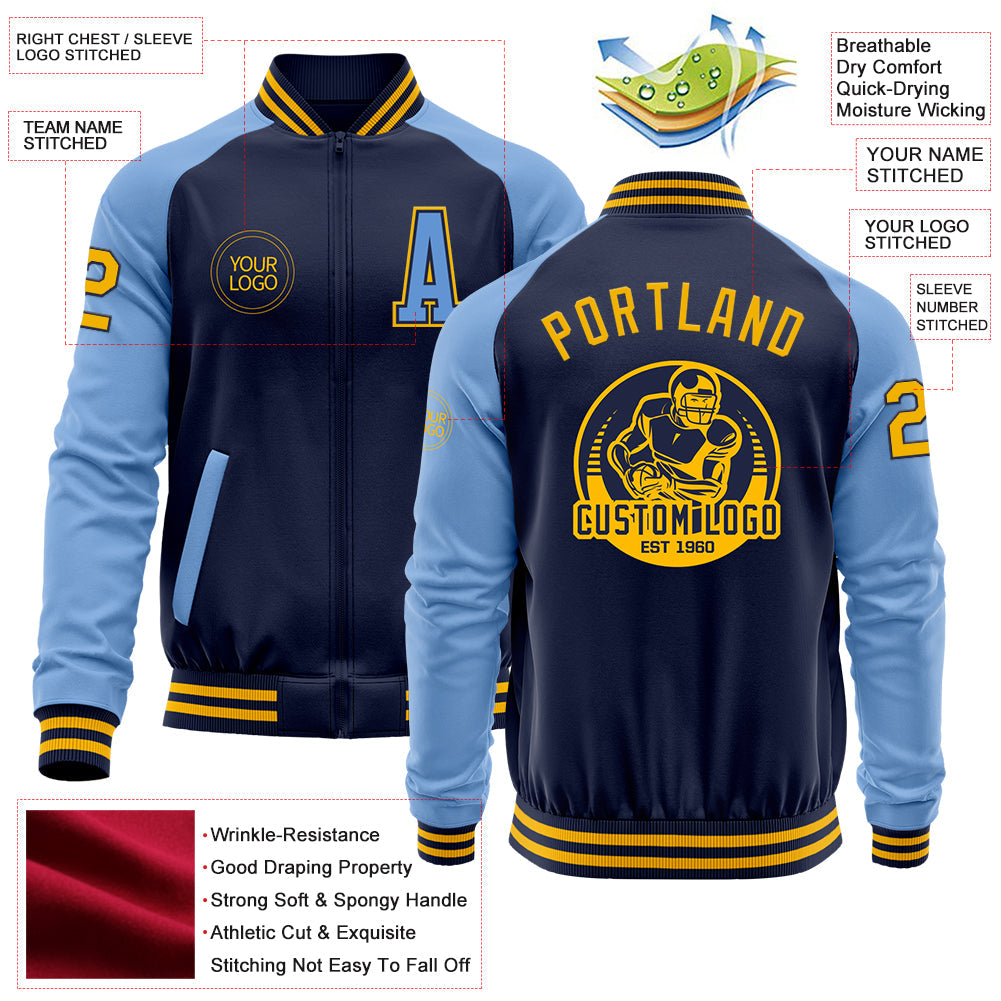 Custom Navy Gold-Light Blue Bomber Varsity Letterman Two Tone Zipper Jacket view 4